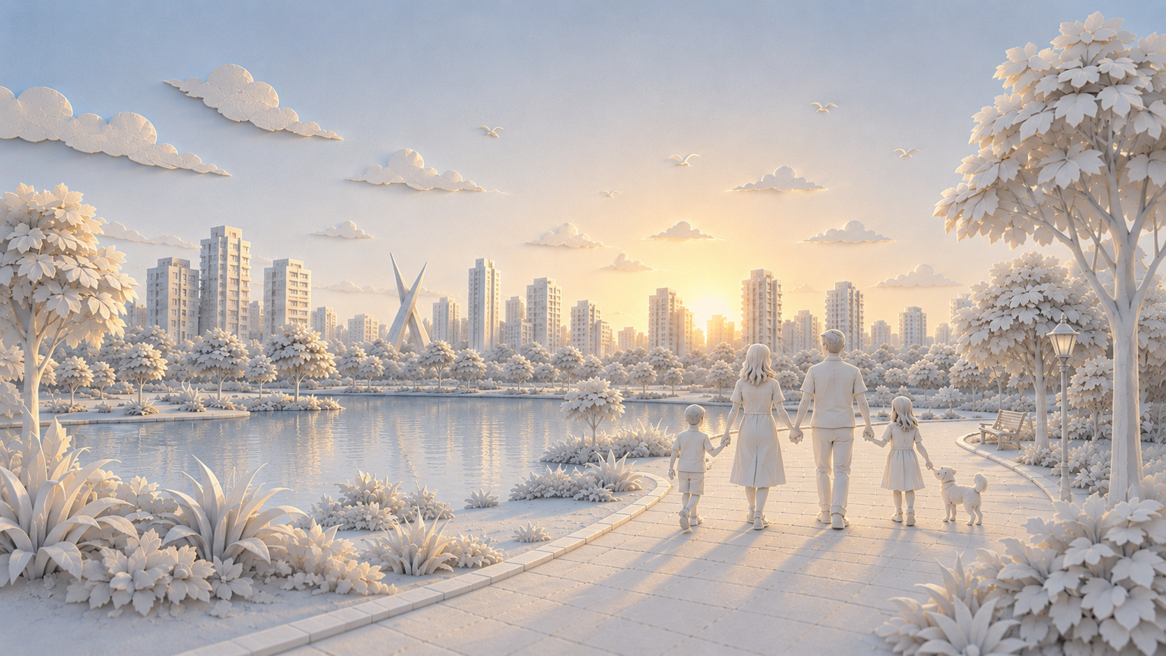 Família caminhando em calçadão, cidade papercraft ao fundo