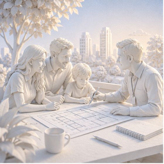 Consultor conversando com família à mesa
