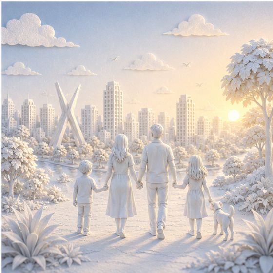 Família contemplando a cidade ao pôr do sol